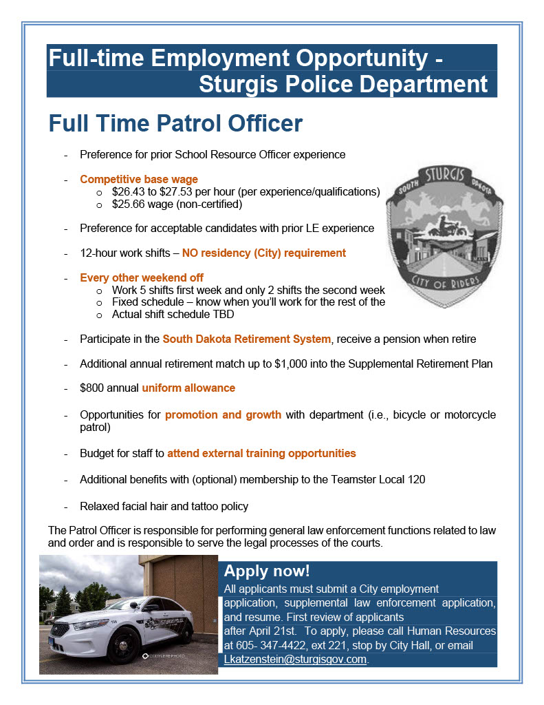 Official site of the City of Sturgis, SD Sturgis has opening for